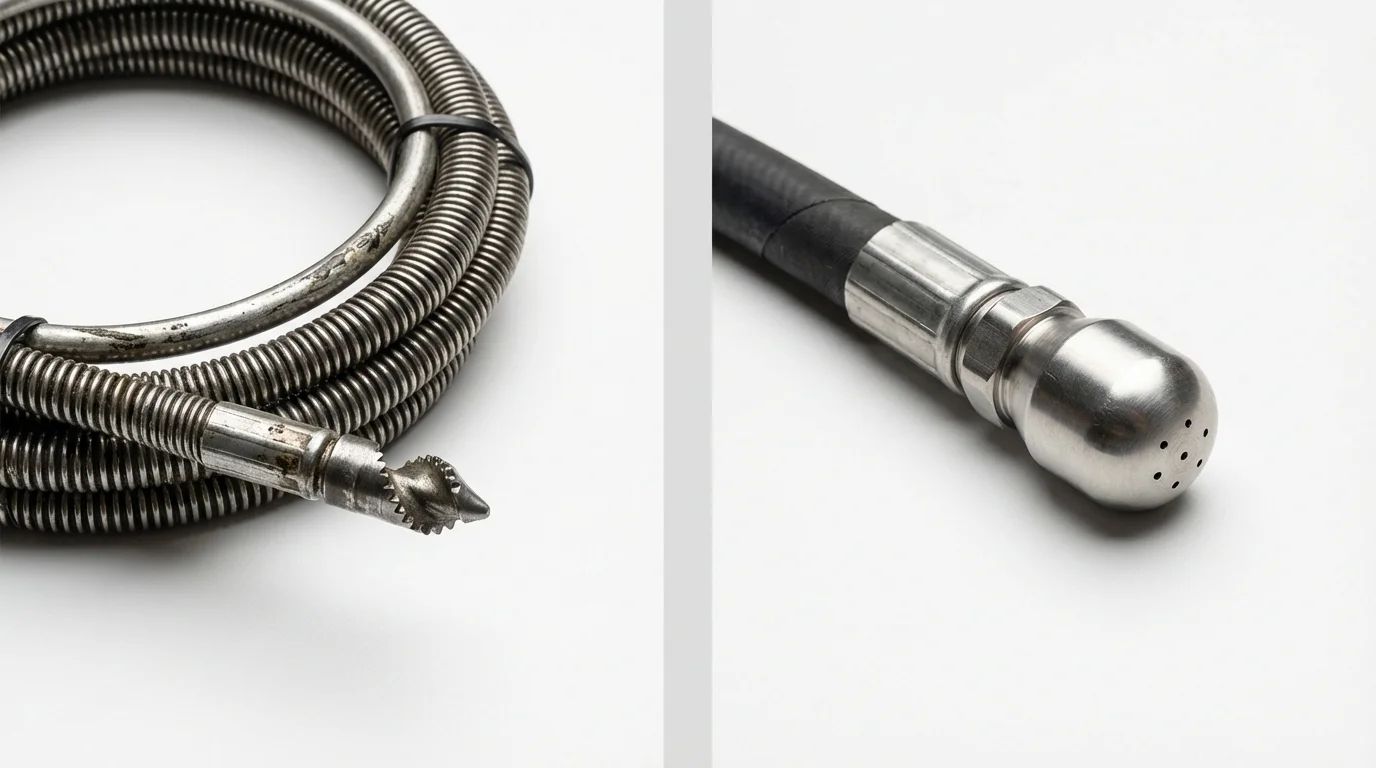 Drain snake cable and hydro jetting nozzle used for drain cleaning in Devens, MA