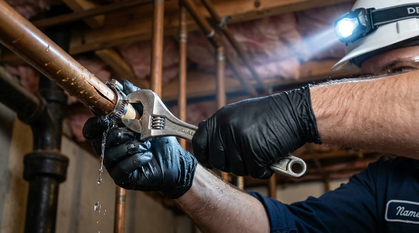 Emergency pipe clamp repair being performed by a Johns Plumbing LLC plumber in Devens