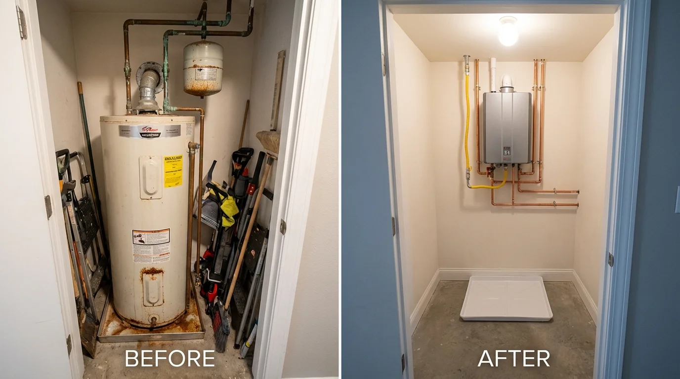 Tank water heater versus wall-mounted tankless unit comparison for Devens, MA homeowners