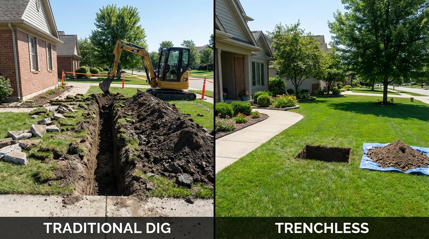 Trenchless sewer repair with minimal yard damage versus traditional excavation in Devens, MA