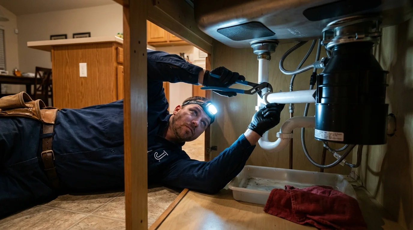 P-trap and supply line connections under a kitchen sink showing a common leak point in Devens, MA
